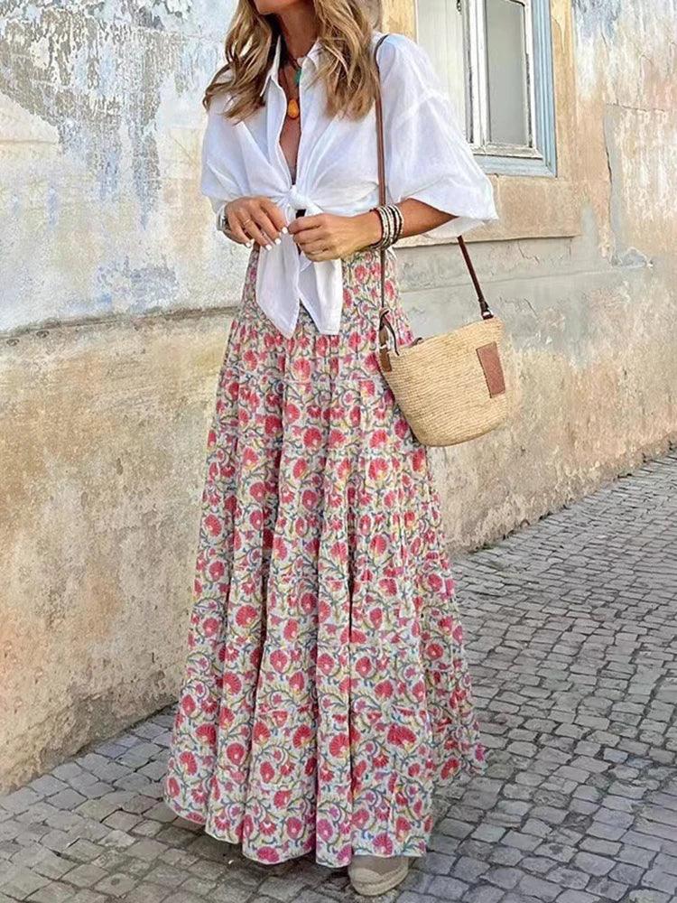 Maxirock Damen Blumendruck | Boho Rock Damen Hohe Taille | A-Linie Rock Damen Fliessend