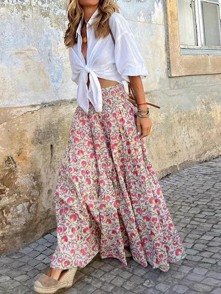 Maxirock Damen Blumendruck | Boho Rock Damen Hohe Taille | A-Linie Rock Damen Fliessend