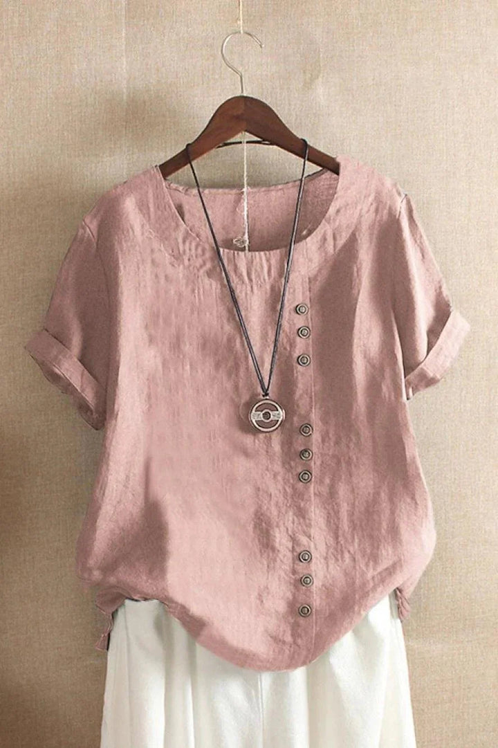 Top Damen Rundhals Knöpfe | Kurzarm Asymmetrisch Detail | Sommertop Casual Elegant
