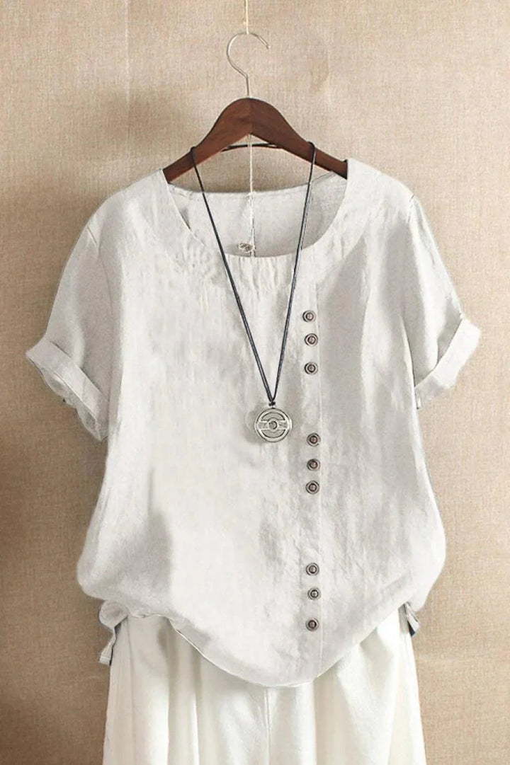 Top Damen Rundhals Knöpfe | Kurzarm Asymmetrisch Detail | Sommertop Casual Elegant