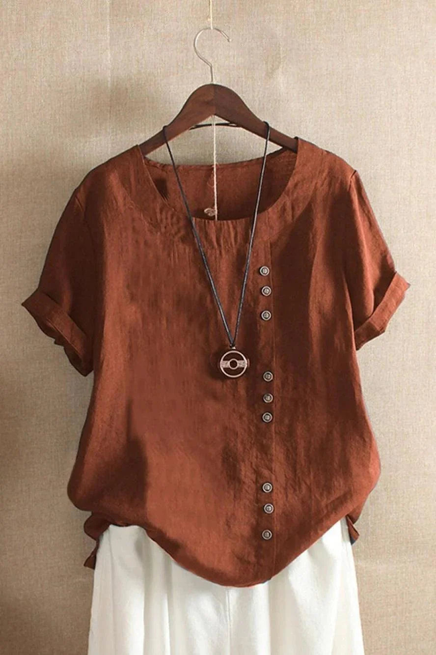 Top Damen Rundhals Knöpfe | Kurzarm Asymmetrisch Detail | Sommertop Casual Elegant