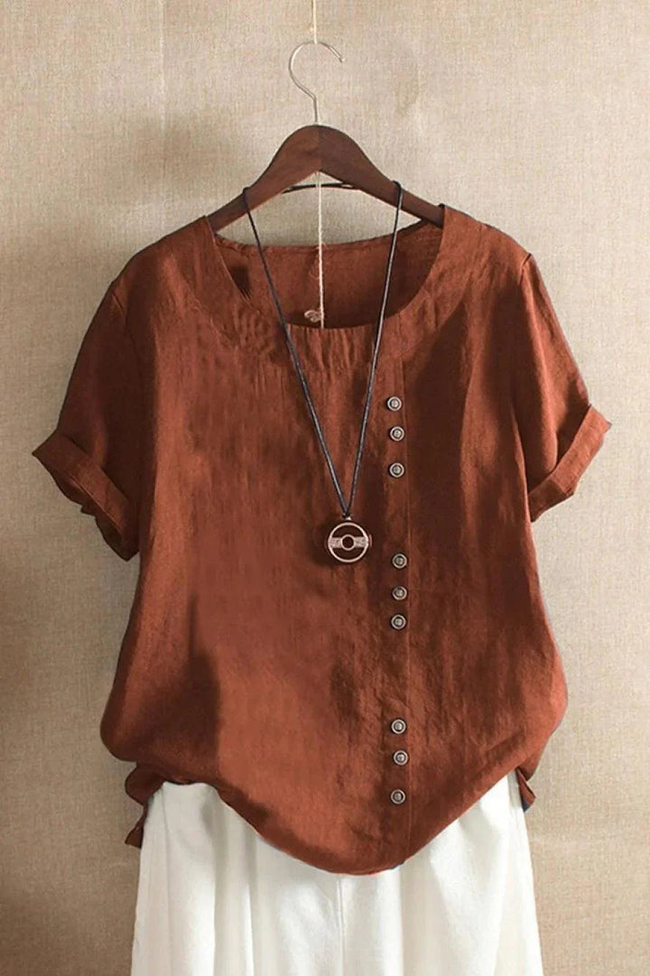 Top Damen Rundhals Knöpfe | Kurzarm Asymmetrisch Detail | Sommertop Casual Elegant