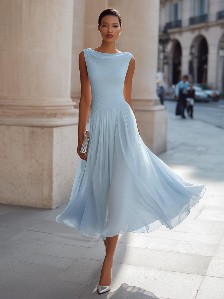 Abendkleid Midi Elegant | Hochzeitskleid mit Drapierausschnitt | Festkleid Ärmellos