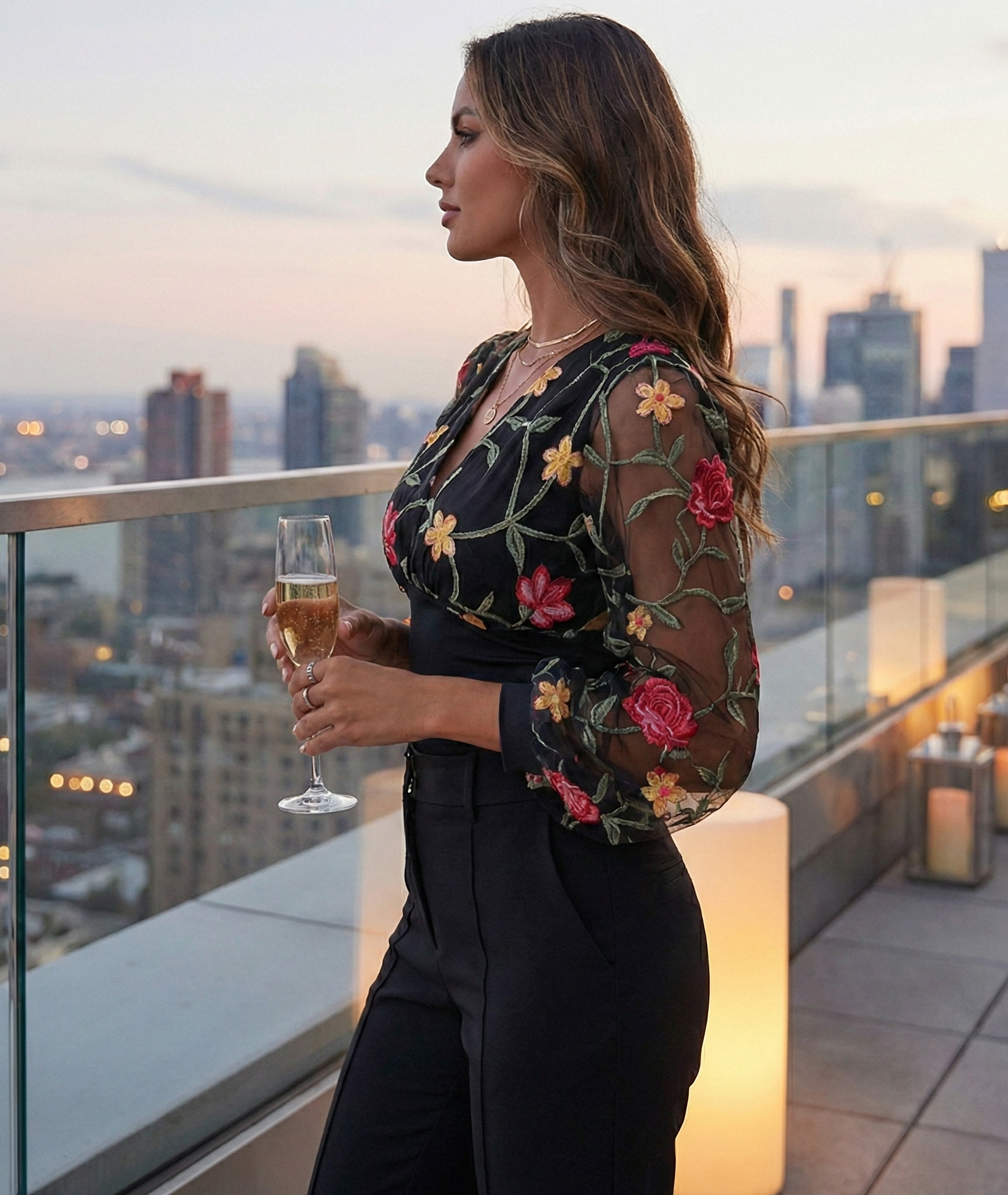 Elegant Women's Floral Embroidered Sheer Sleeve Blouse - Black