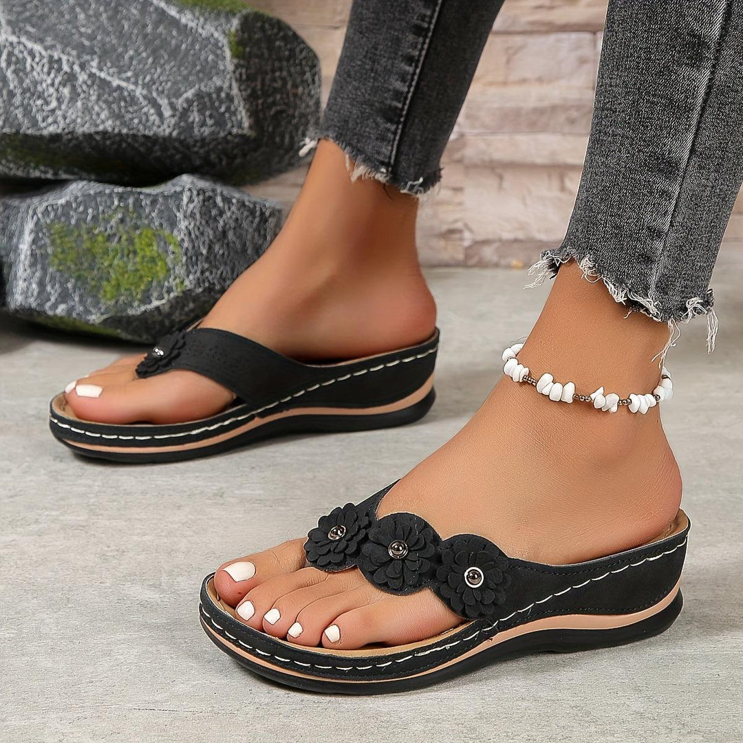 Sandalen Damen Keilabsatz Blumen | Plateau Riemchen Orthopädisch | Bequeme Sommerschuhe Elegant