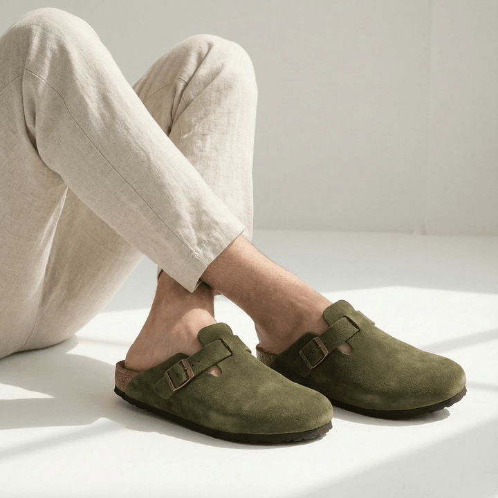 Clogs Herren Wildleder | Pantoletten mit Schnalle | Hausschuhe Herren Bequem