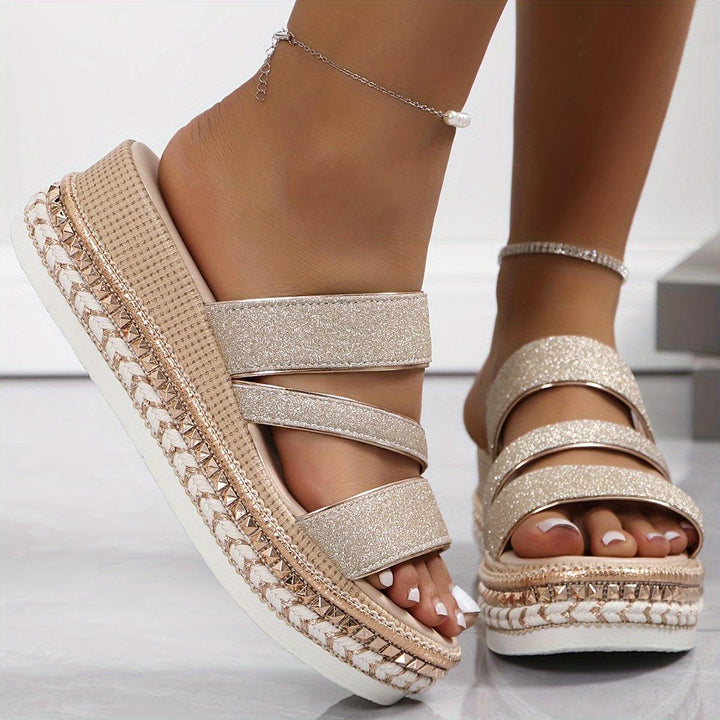 Mules Damen Gold Glitzer | Plateau Sandalen Metallic | Elegante Sommerschuhe Orthopädisch