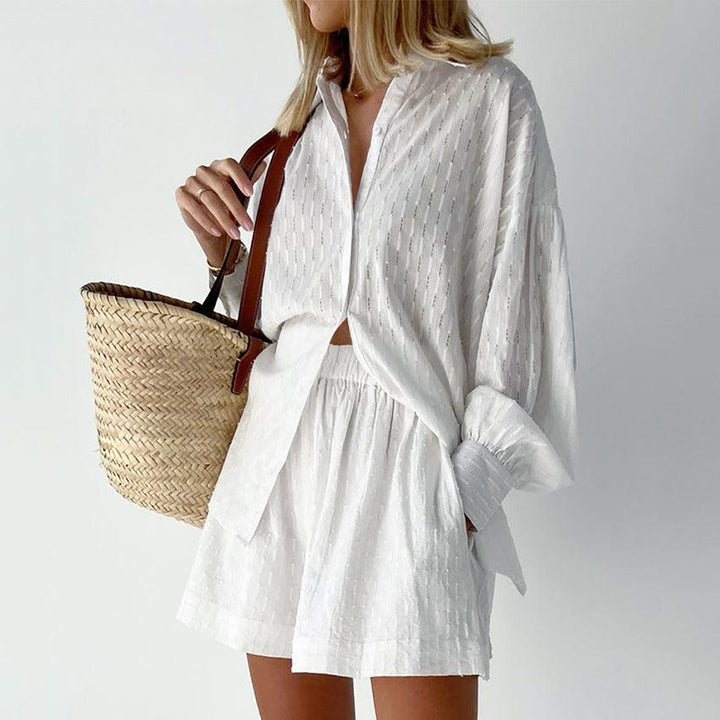 Sommerset Damen Zweiteiler | Strandtunika Damen Langarm Shorts | Loungewear Damen Lochstoff Sommer