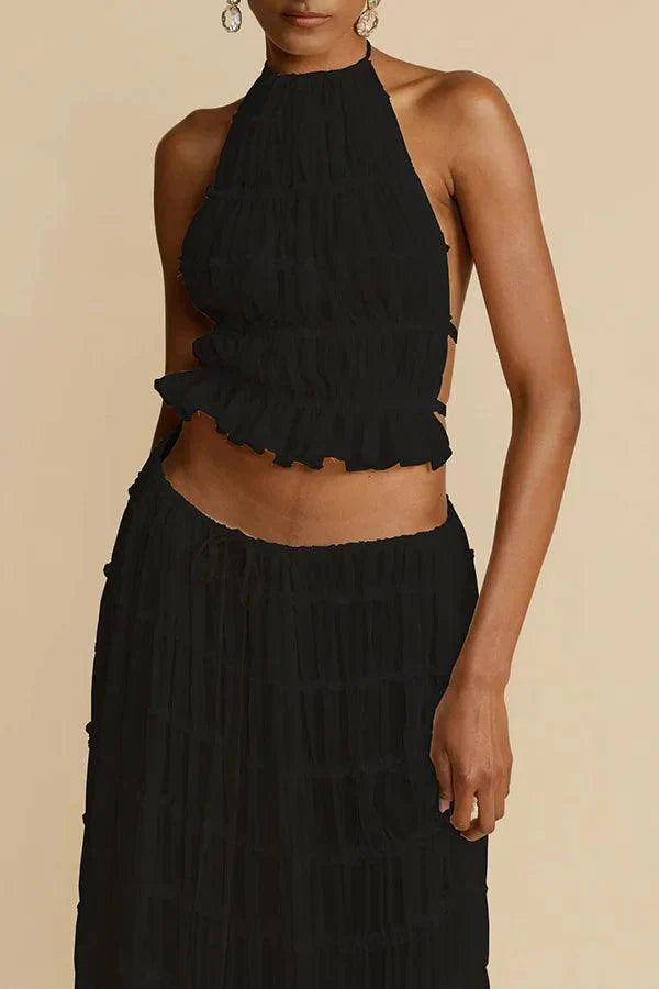 Halter Top Damen Gefaltet | Hoher Ausschnitt Rüschen Cropped | Sommertop Rückenfrei Strand
