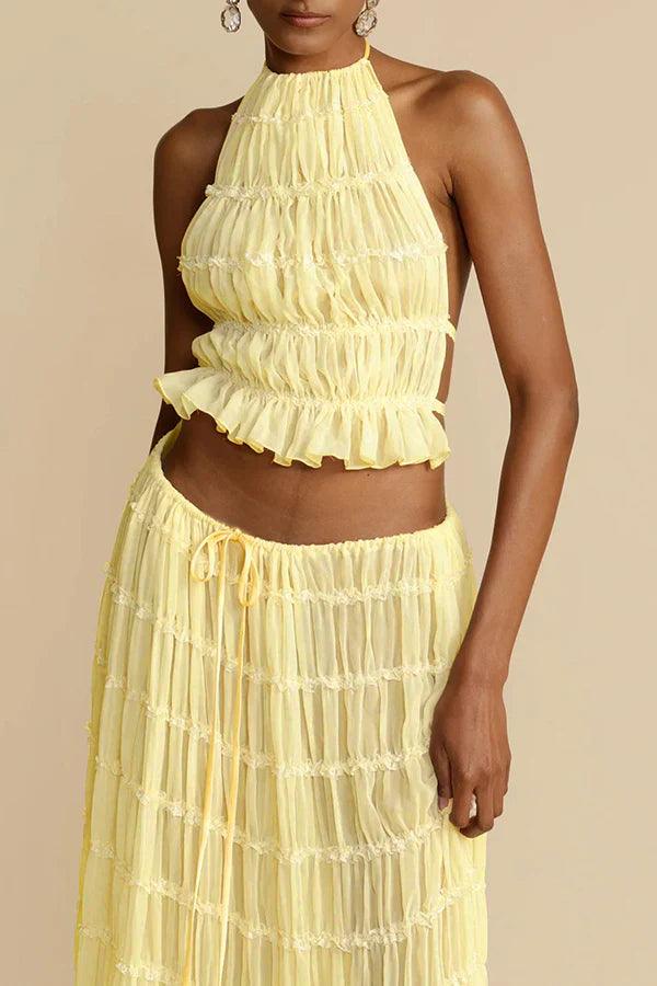 Halter Top Damen Gefaltet | Hoher Ausschnitt Rüschen Cropped | Sommertop Rückenfrei Strand