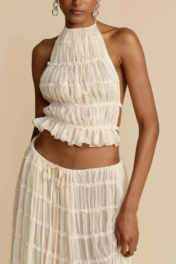 Halter Top Damen Gefaltet | Hoher Ausschnitt Rüschen Cropped | Sommertop Rückenfrei Strand