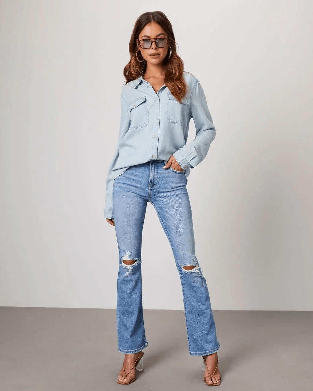 Jeanshemd Damen Langarm | Knopfleiste Brusttaschen Locker | Denimhemd Casual Sommer