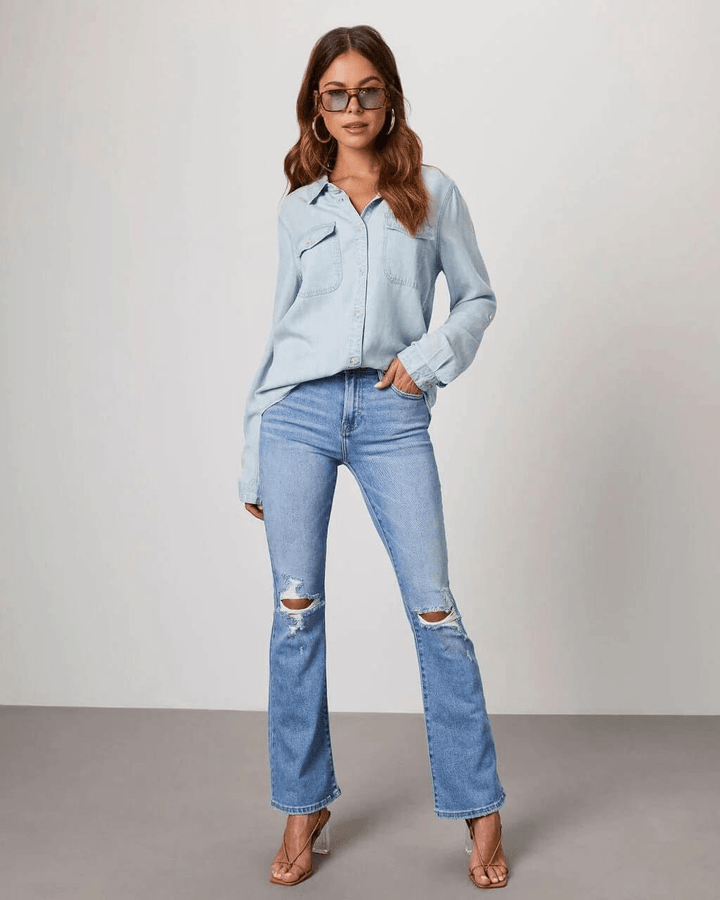 Jeanshemd Damen Langarm | Knopfleiste Brusttaschen Locker | Denimhemd Casual Sommer