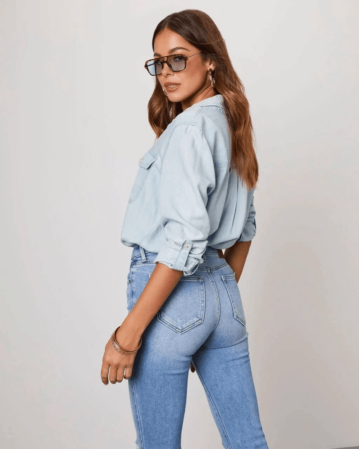 Jeanshemd Damen Langarm | Knopfleiste Brusttaschen Locker | Denimhemd Casual Sommer