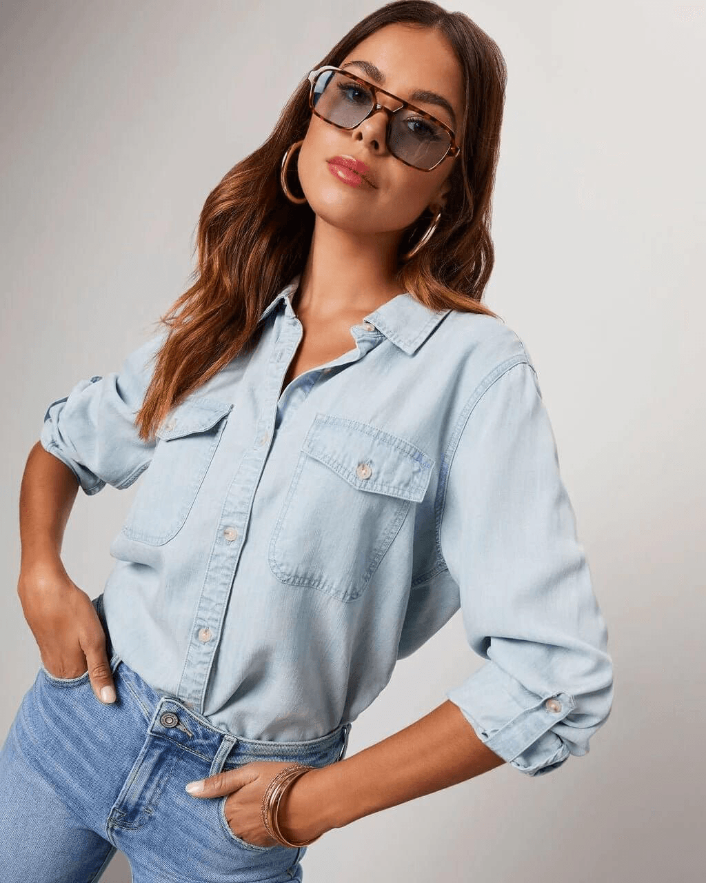 Jeanshemd Damen Langarm | Knopfleiste Brusttaschen Locker | Denimhemd Casual Sommer