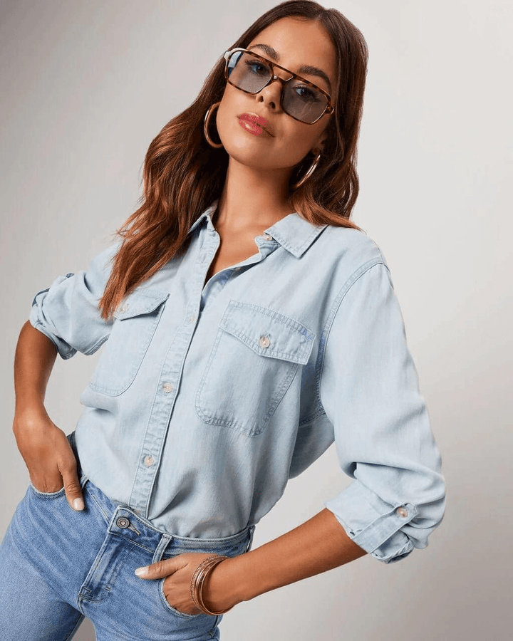 Jeanshemd Damen Langarm | Knopfleiste Brusttaschen Locker | Denimhemd Casual Sommer