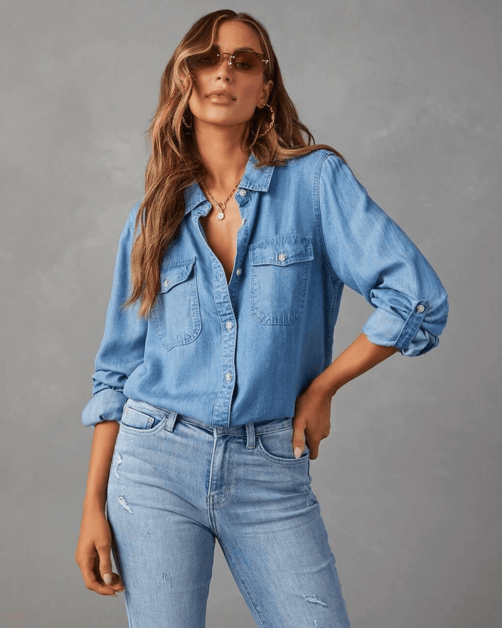 Jeanshemd Damen Langarm | Knopfleiste Brusttaschen Locker | Denimhemd Casual Sommer