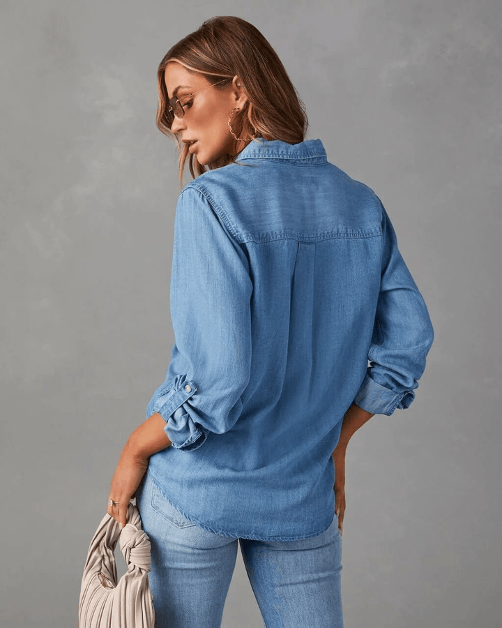 Jeanshemd Damen Langarm | Knopfleiste Brusttaschen Locker | Denimhemd Casual Sommer