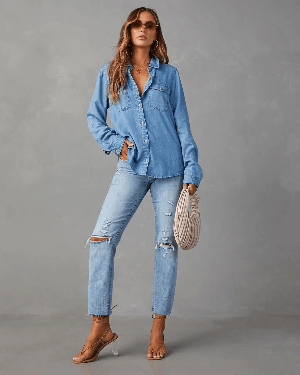 Jeanshemd Damen Langarm | Knopfleiste Brusttaschen Locker | Denimhemd Casual Sommer