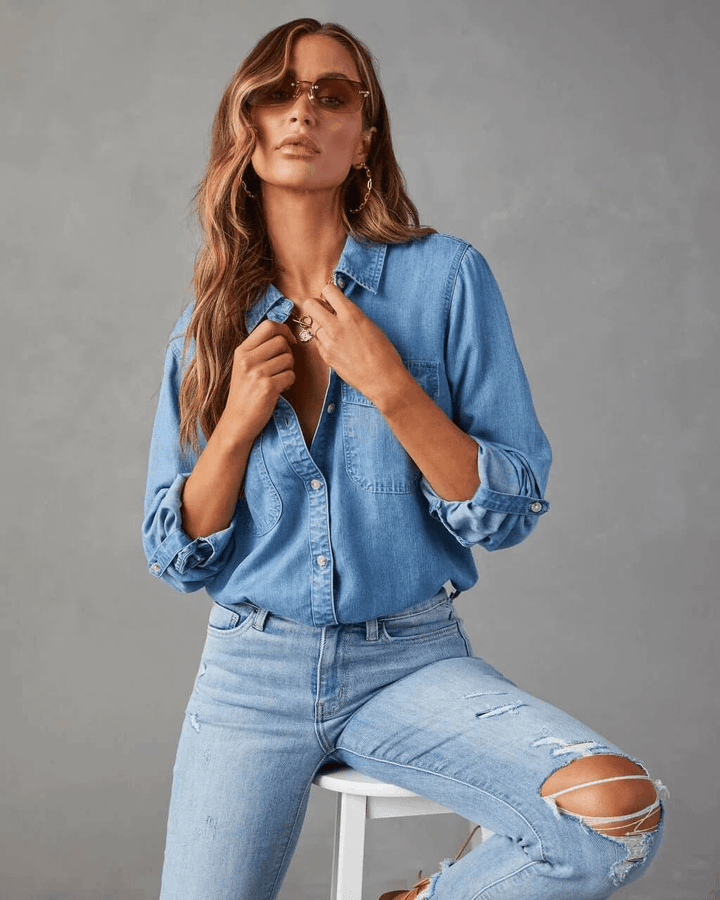 Jeanshemd Damen Langarm | Knopfleiste Brusttaschen Locker | Denimhemd Casual Sommer