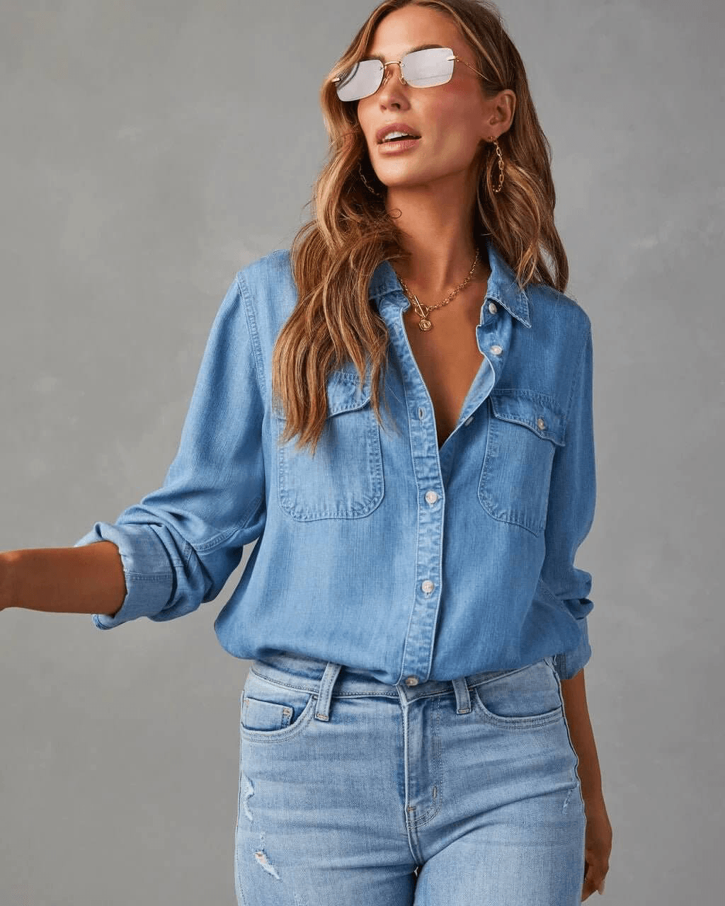 Jeanshemd Damen Langarm | Knopfleiste Brusttaschen Locker | Denimhemd Casual Sommer
