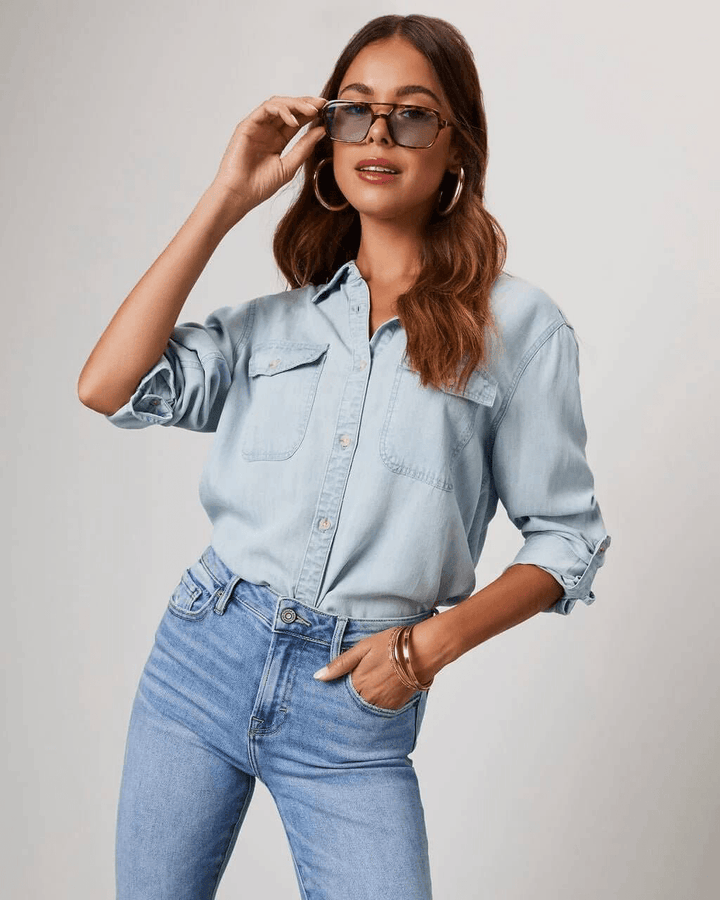 Jeanshemd Damen Langarm | Knopfleiste Brusttaschen Locker | Denimhemd Casual Sommer