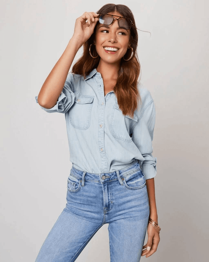 Jeanshemd Damen Langarm | Knopfleiste Brusttaschen Locker | Denimhemd Casual Sommer