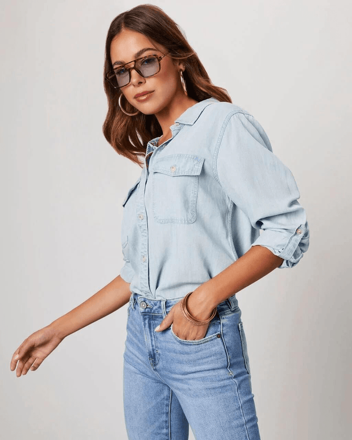 Jeanshemd Damen Langarm | Knopfleiste Brusttaschen Locker | Denimhemd Casual Sommer