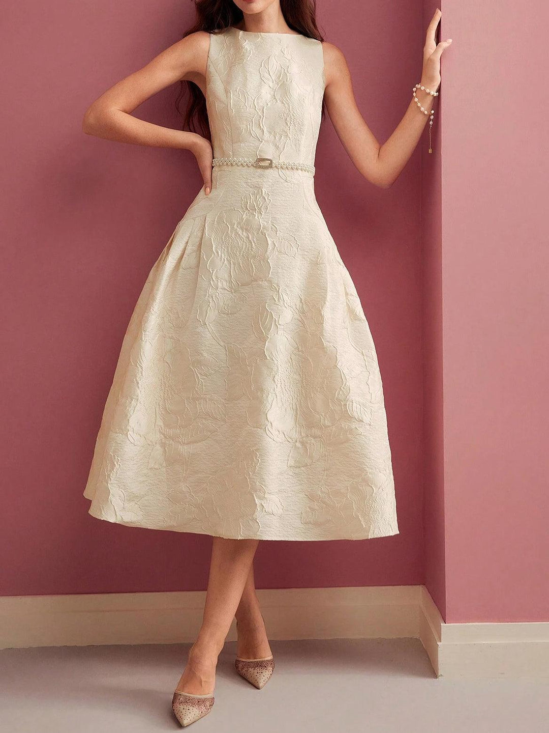 Kleid A Linie Damen Midi | Jacquard Kleid Damen Blumen | Hochzeitsgast Kleid Damen Festlich