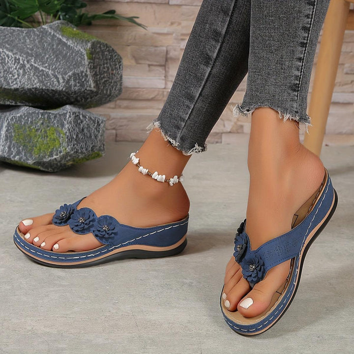 Sandalen Damen Keilabsatz Blumen | Plateau Riemchen Orthopädisch | Bequeme Sommerschuhe Elegant