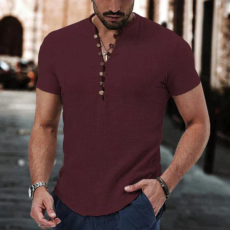 Leinen Henley Herren | Herren Hemd Grandad-Kragen | Freizeithemd Herren Leinen Baumwolle