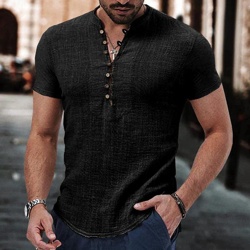 Leinen Henley Herren | Herren Hemd Grandad-Kragen | Freizeithemd Herren Leinen Baumwolle