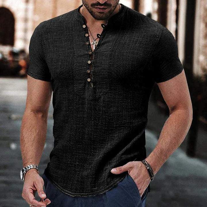 Leinen Henley Herren | Herren Hemd Grandad-Kragen | Freizeithemd Herren Leinen Baumwolle