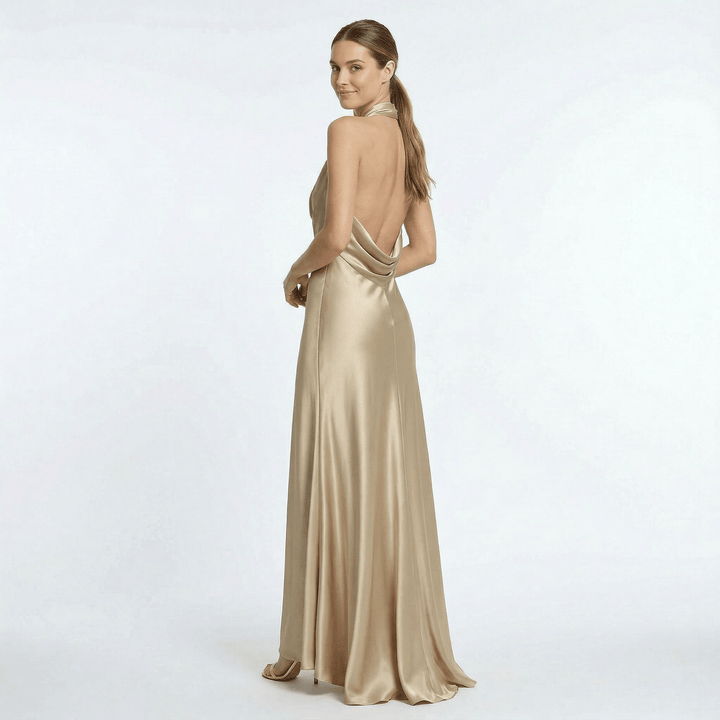 Abendkleid Damen Maxi Satin | Halter Neck Bodenlang Gold | Festkleid Gala Elegant