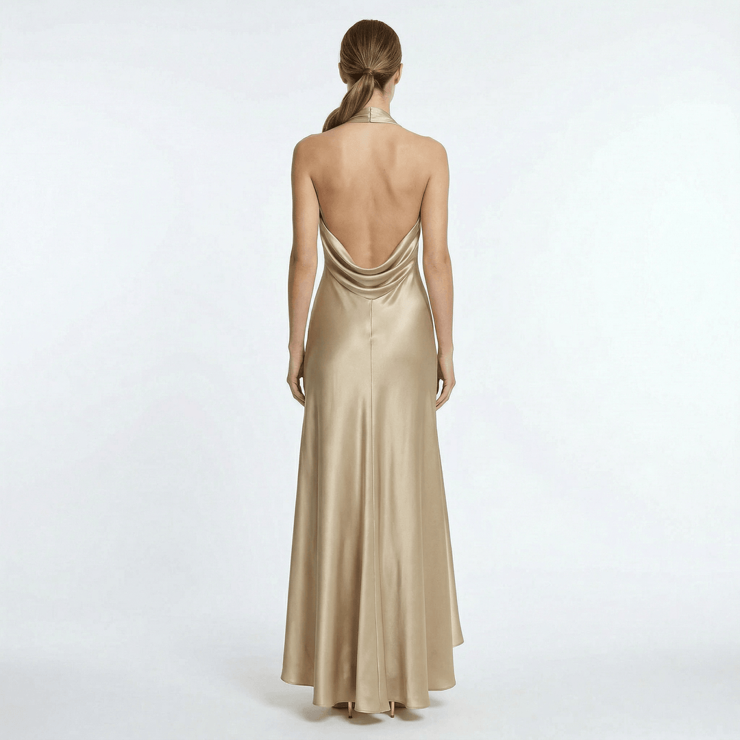 Abendkleid Damen Maxi Satin | Halter Neck Bodenlang Gold | Festkleid Gala Elegant