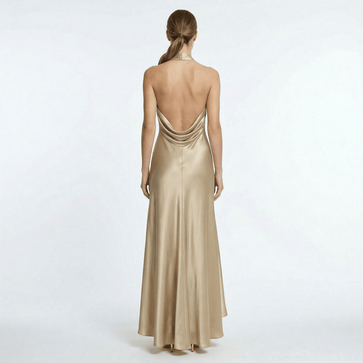 Abendkleid Damen Maxi Satin | Halter Neck Bodenlang Gold | Festkleid Gala Elegant