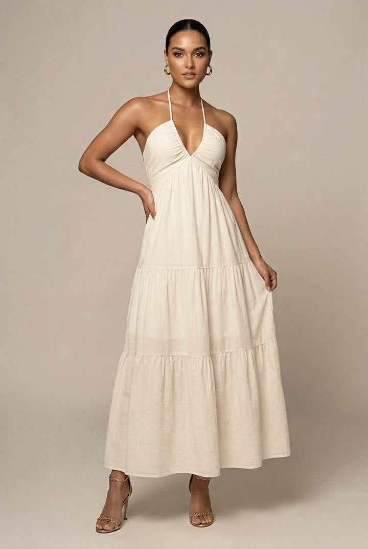 Strandkleider Damen Maxi Neckholder | Sommerkleid Damen Rueckenausschnitt Volant | Maxikleid Damen Gestuft Fliessend