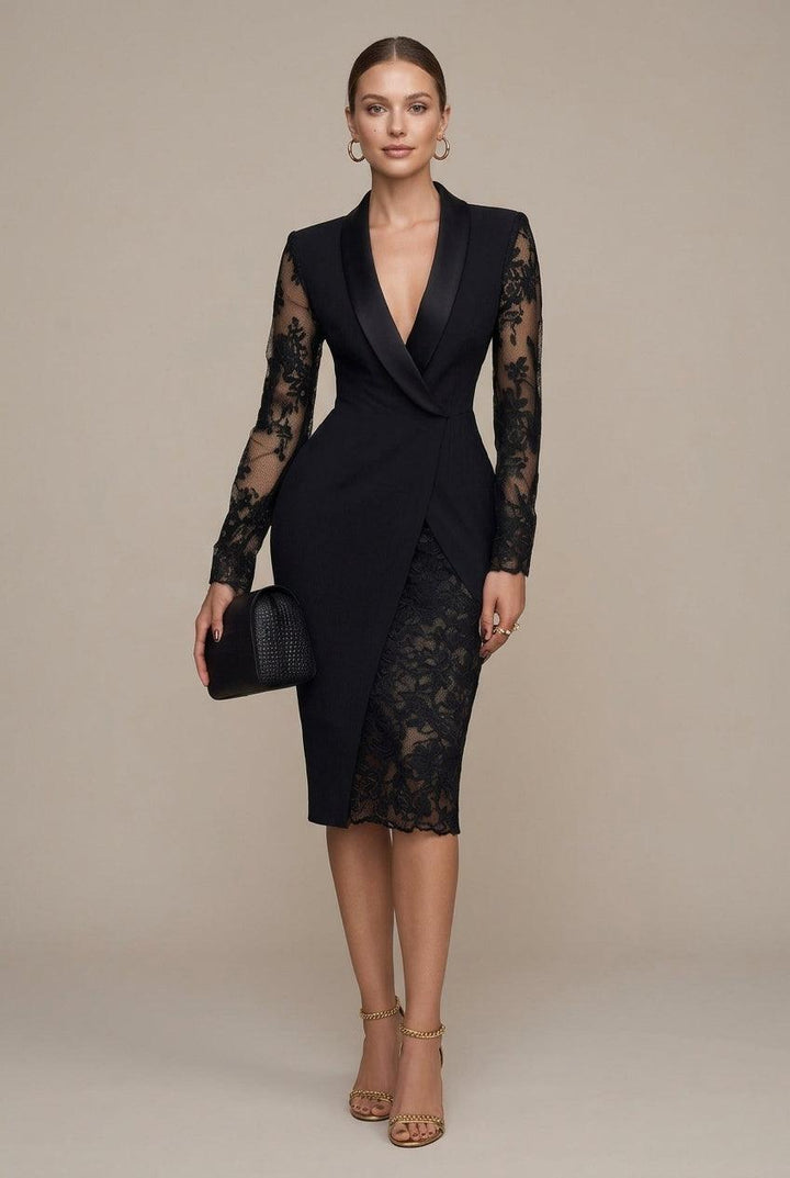 Blazerkleid Damen Midi Spitze | Bodycon Kleid Langarm Elegant | Abendkleid Blazer Spitzenärmel