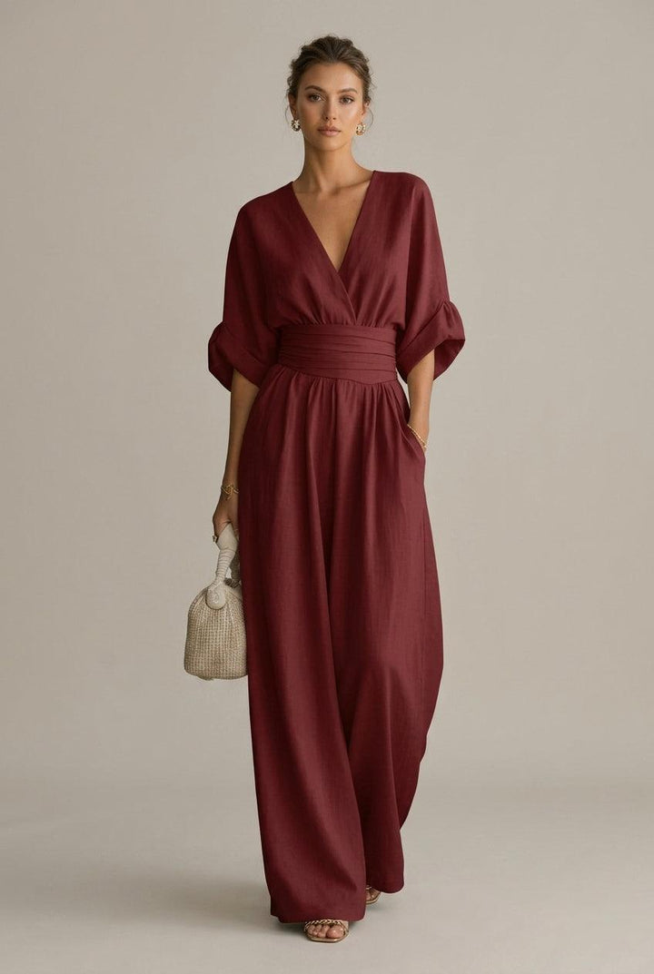 Jumpsuit Damen Wickeloptik | Overall Damen V-Ausschnitt Weitbein | Sommer Jumpsuit Damen Dreiviertelärmel