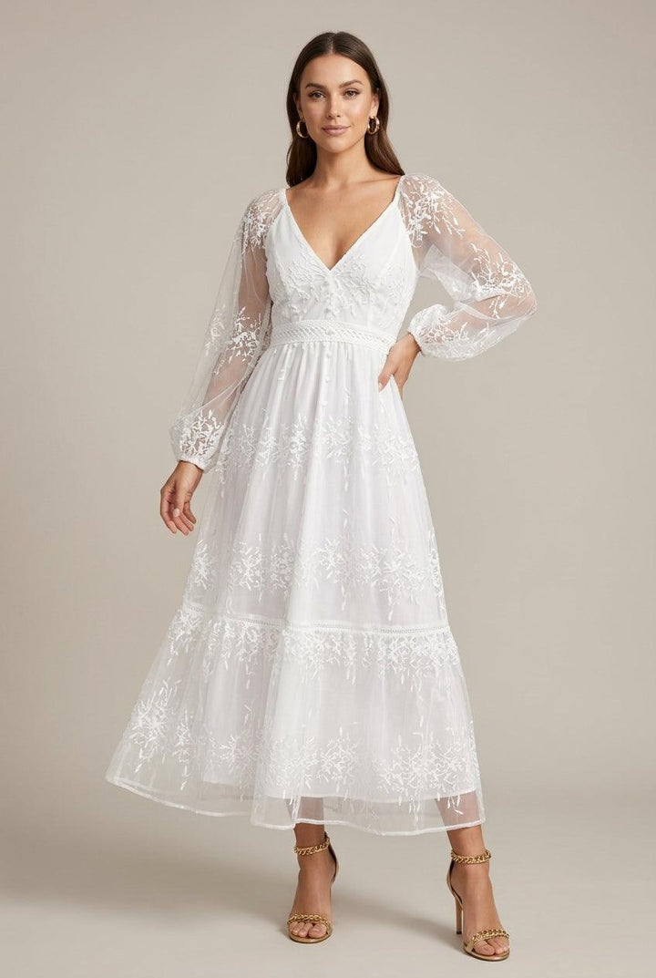 Spitzenkleid Damen Langarm | Maxikleid Damen V-Ausschnitt Gestuft | Abendkleid Damen Stickerei Lang