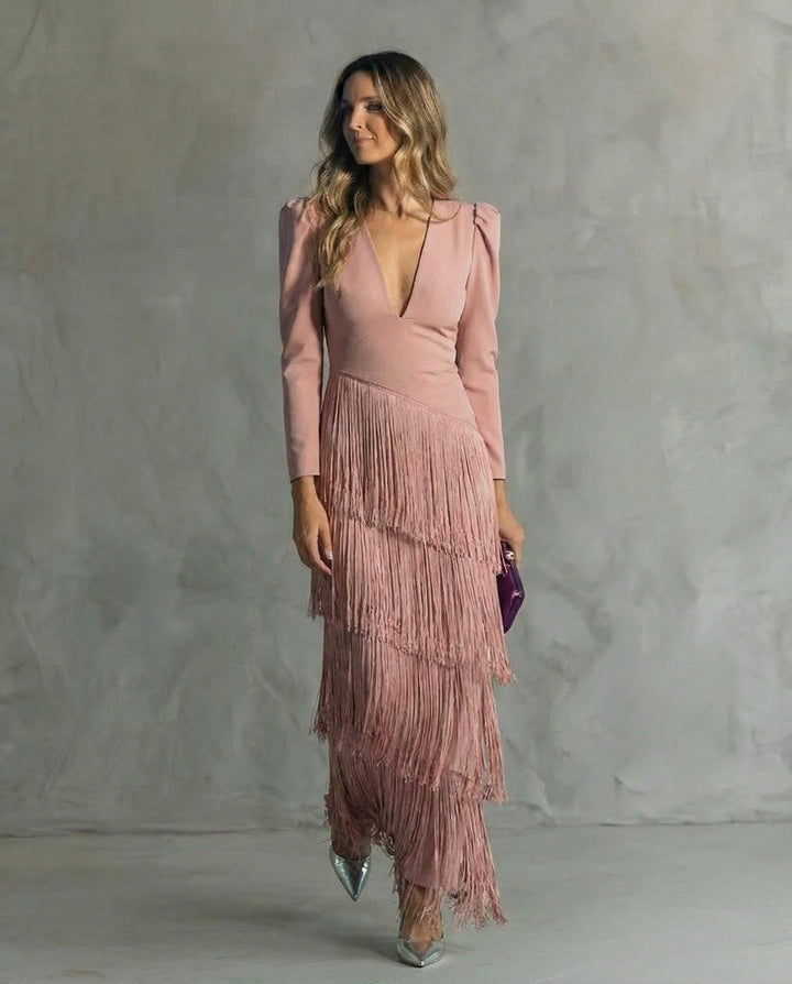 Abendkleider Damen Fransen Maxi | Hochzeitsgast Kleid Puffarmel V-Ausschnitt | Kleider Damen Festlich Fransensaum