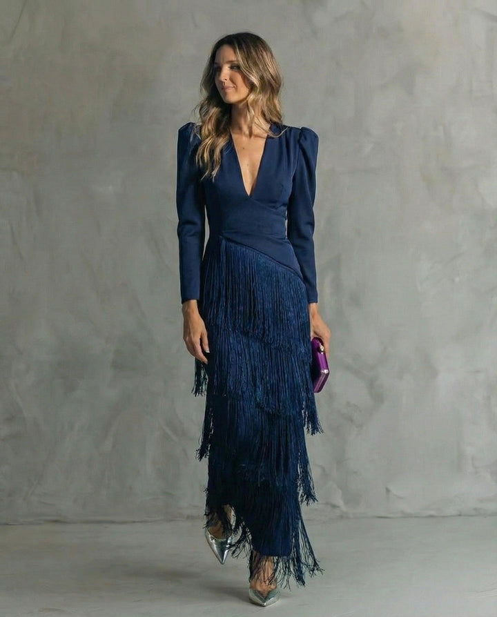 Abendkleider Damen Fransen Maxi | Hochzeitsgast Kleid Puffarmel V-Ausschnitt | Kleider Damen Festlich Fransensaum