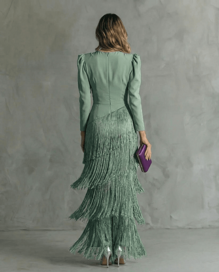 Abendkleider Damen Fransen Maxi | Hochzeitsgast Kleid Puffarmel V-Ausschnitt | Kleider Damen Festlich Fransensaum