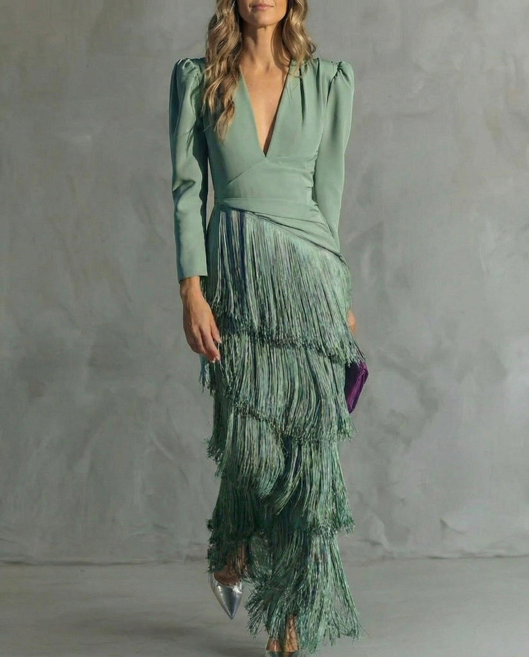 Abendkleider Damen Fransen Maxi | Hochzeitsgast Kleid Puffarmel V-Ausschnitt | Kleider Damen Festlich Fransensaum
