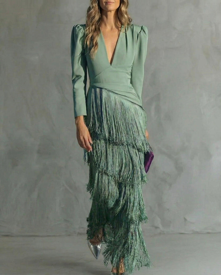 Abendkleider Damen Fransen Maxi | Hochzeitsgast Kleid Puffarmel V-Ausschnitt | Kleider Damen Festlich Fransensaum