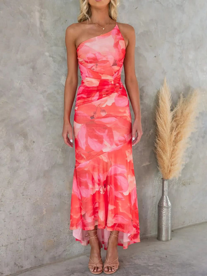 One Shoulder Kleid Damen Blumen | Maxikleid Damen Hochzeitsgast Gerafft | Festliches Kleid Damen Asymmetrisch