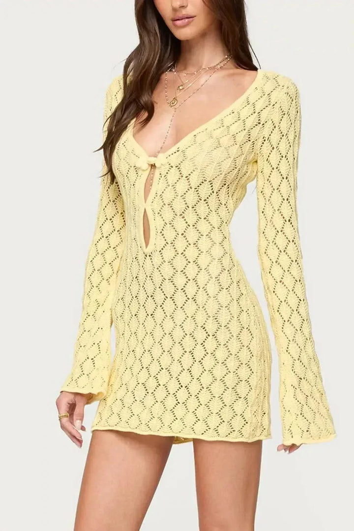 Häkelkleid Damen Sommer | Minikleid Damen V-Ausschnitt Glockenärmel | Strandkleid Damen Häkel Leicht