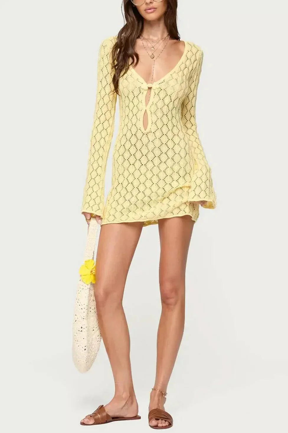 Häkelkleid Damen Sommer | Minikleid Damen V-Ausschnitt Glockenärmel | Strandkleid Damen Häkel Leicht