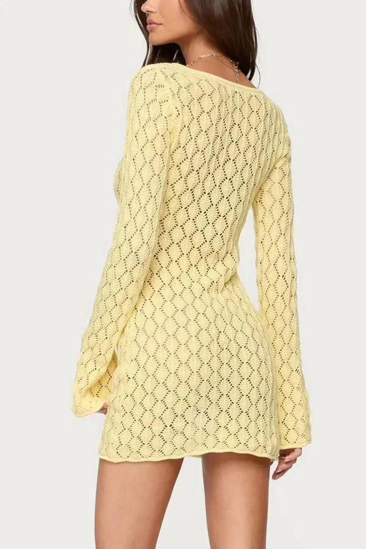 Häkelkleid Damen Sommer | Minikleid Damen V-Ausschnitt Glockenärmel | Strandkleid Damen Häkel Leicht