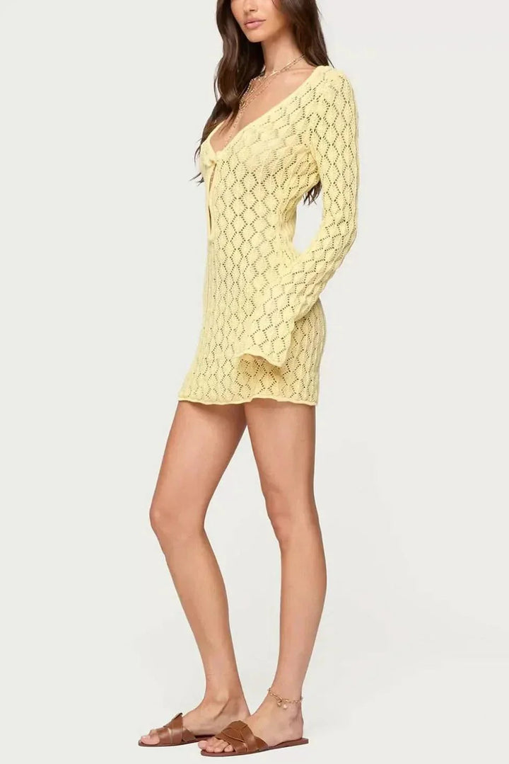 Häkelkleid Damen Sommer | Minikleid Damen V-Ausschnitt Glockenärmel | Strandkleid Damen Häkel Leicht